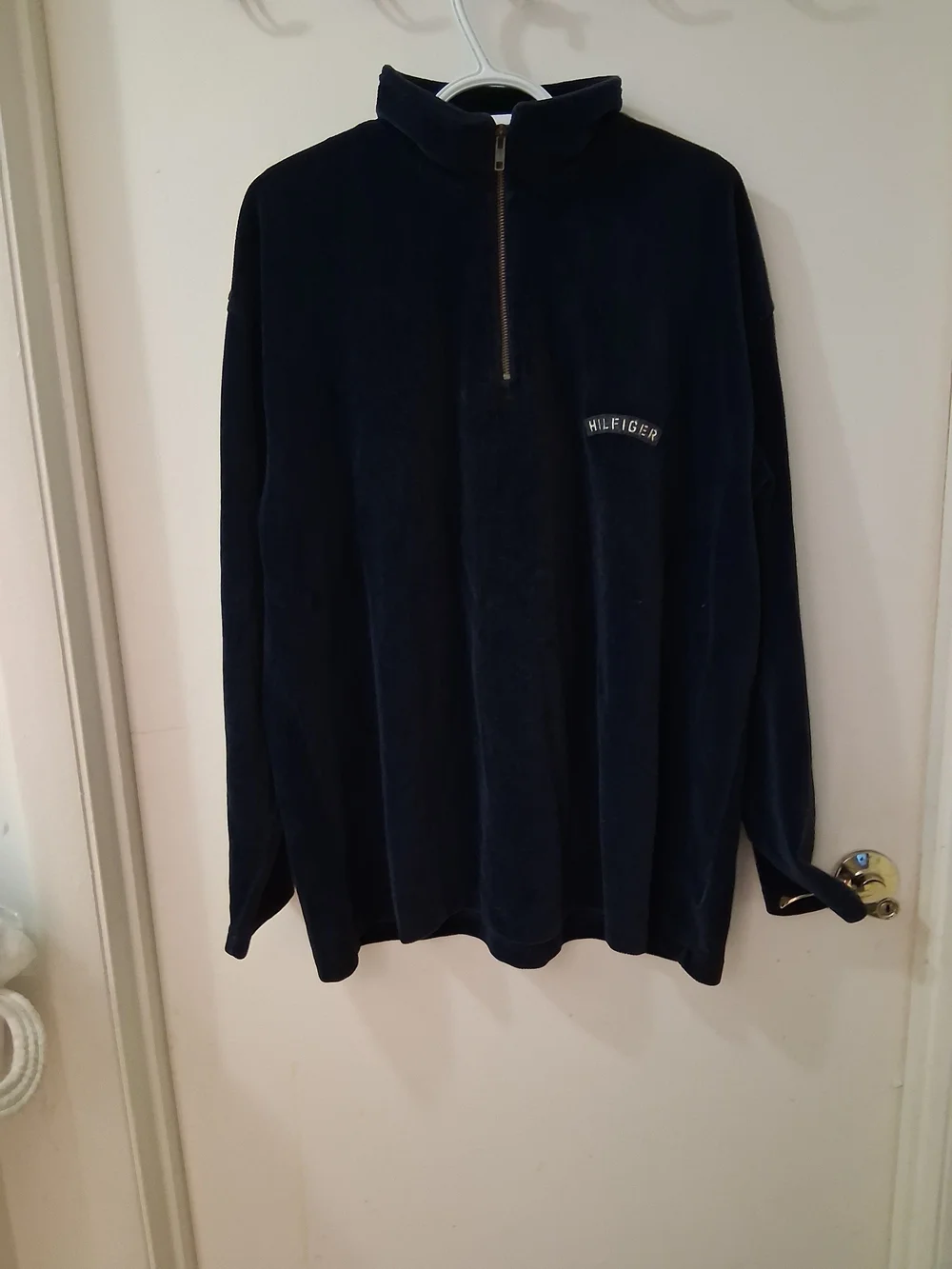 Vintage Tommy Hilfiger Jacket Mens XL Blue Velour Quarter Zip Pullover 90s - Picture 2 of 5